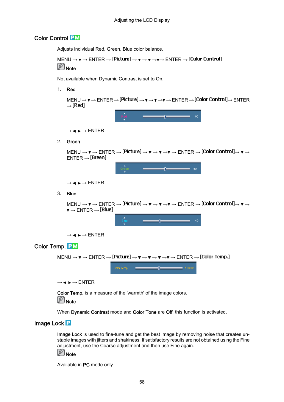 Color control, Color temp, Image lock | Samsung 400EX(N) User Manual | Page 101 / 159