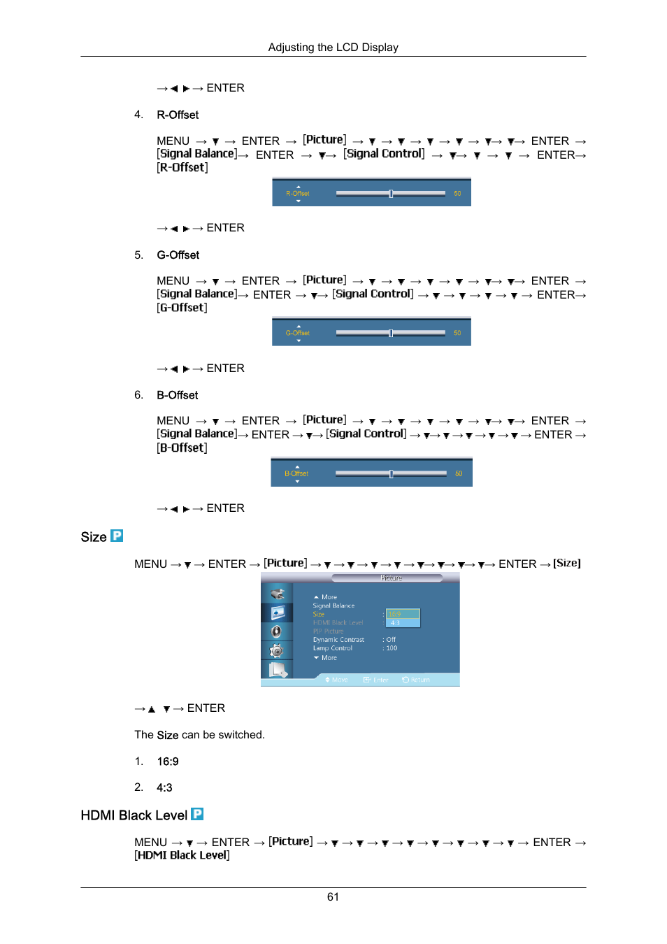 Size, Hdmi black level | Samsung 400EX(N) User Manual | Page 104 / 159