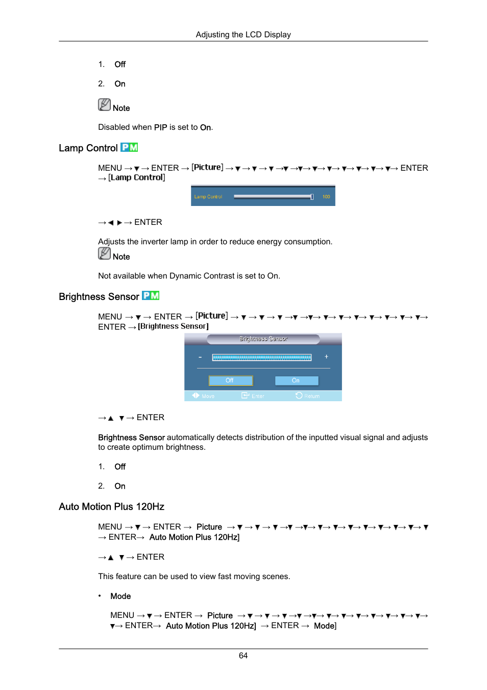 Lamp control, Brightness sensor, Auto motion plus 120hz | Samsung 400EX(N) User Manual | Page 107 / 159