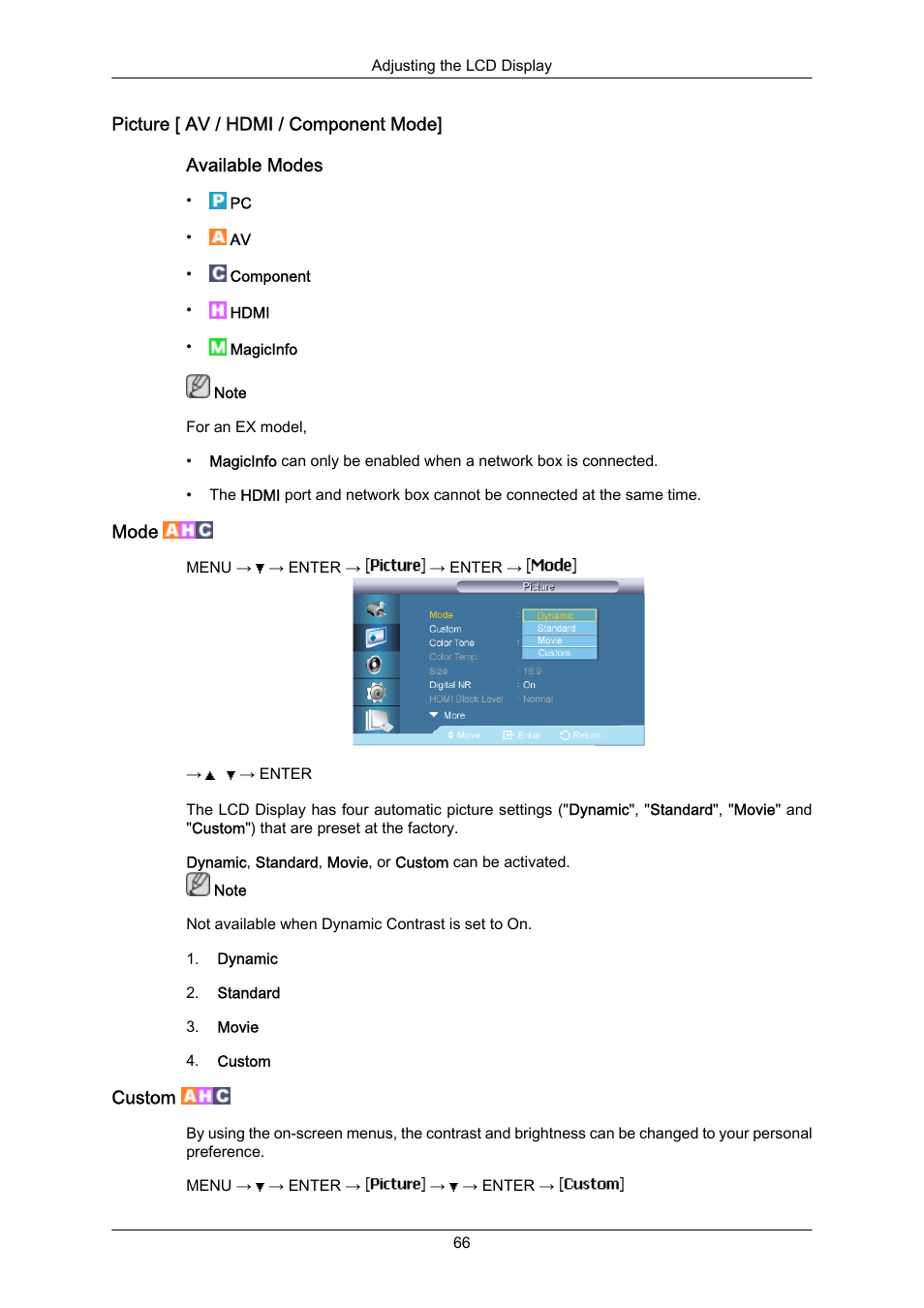 Picture [ av / hdmi / component mode, Mode, Custom | Samsung 400EX(N) User Manual | Page 109 / 159