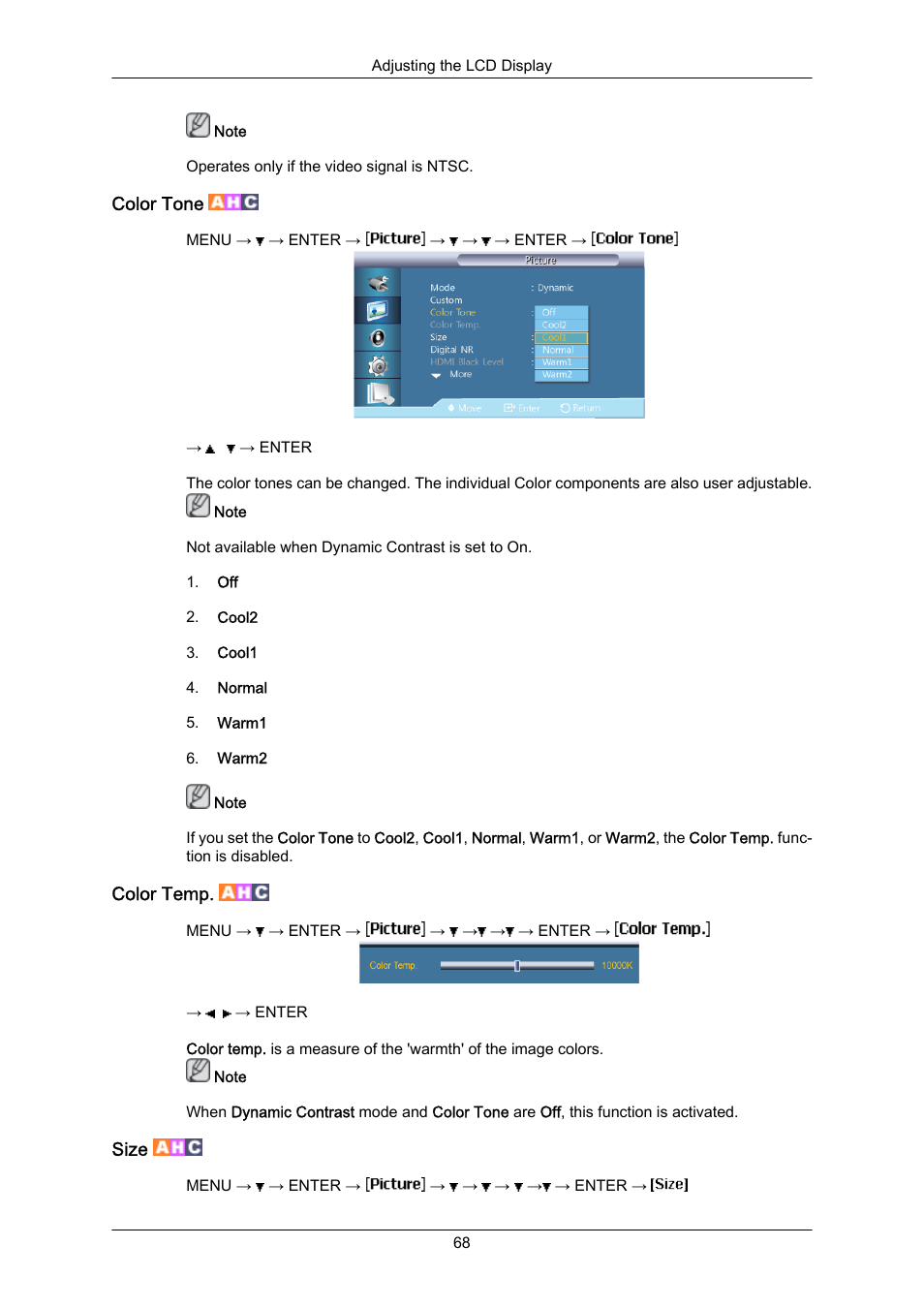 Color tone, Color temp, Size | Samsung 400EX(N) User Manual | Page 111 / 159