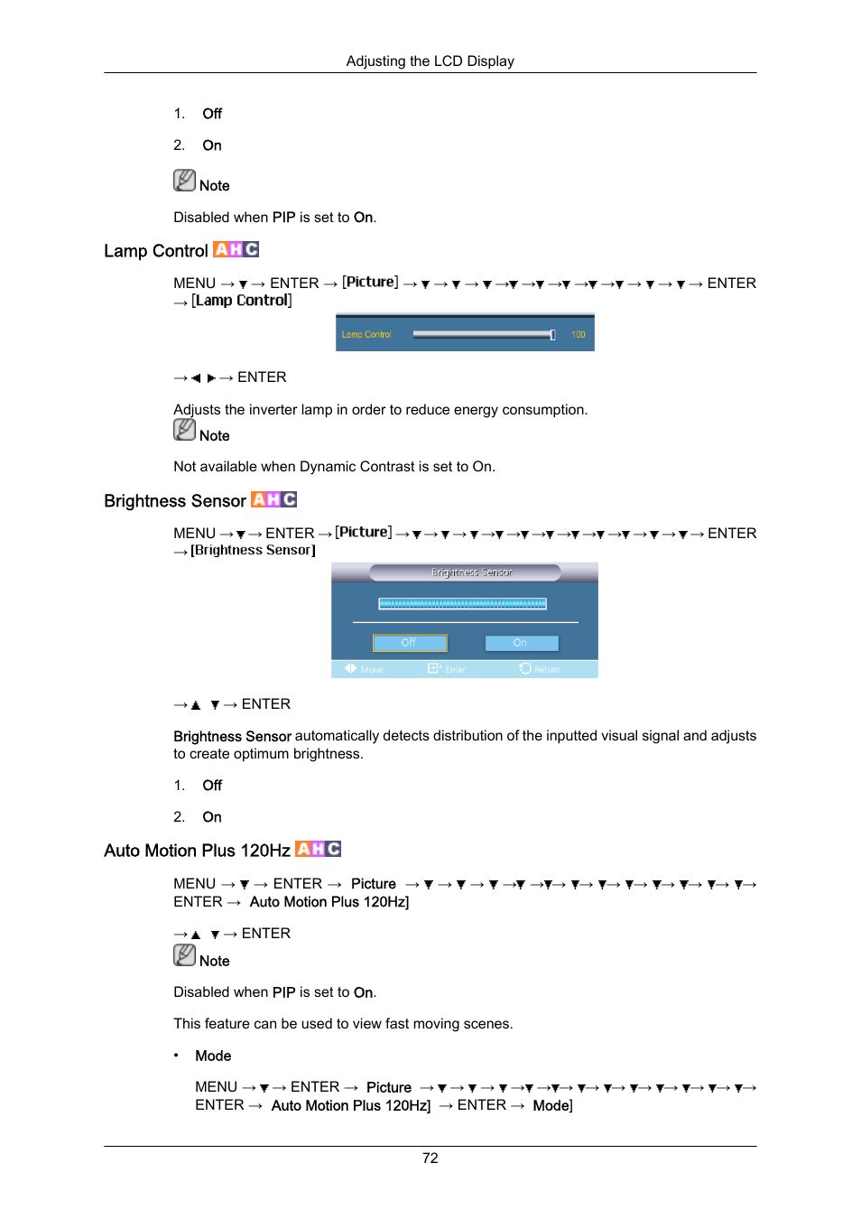 Lamp control, Brightness sensor, Auto motion plus 120hz | Samsung 400EX(N) User Manual | Page 115 / 159