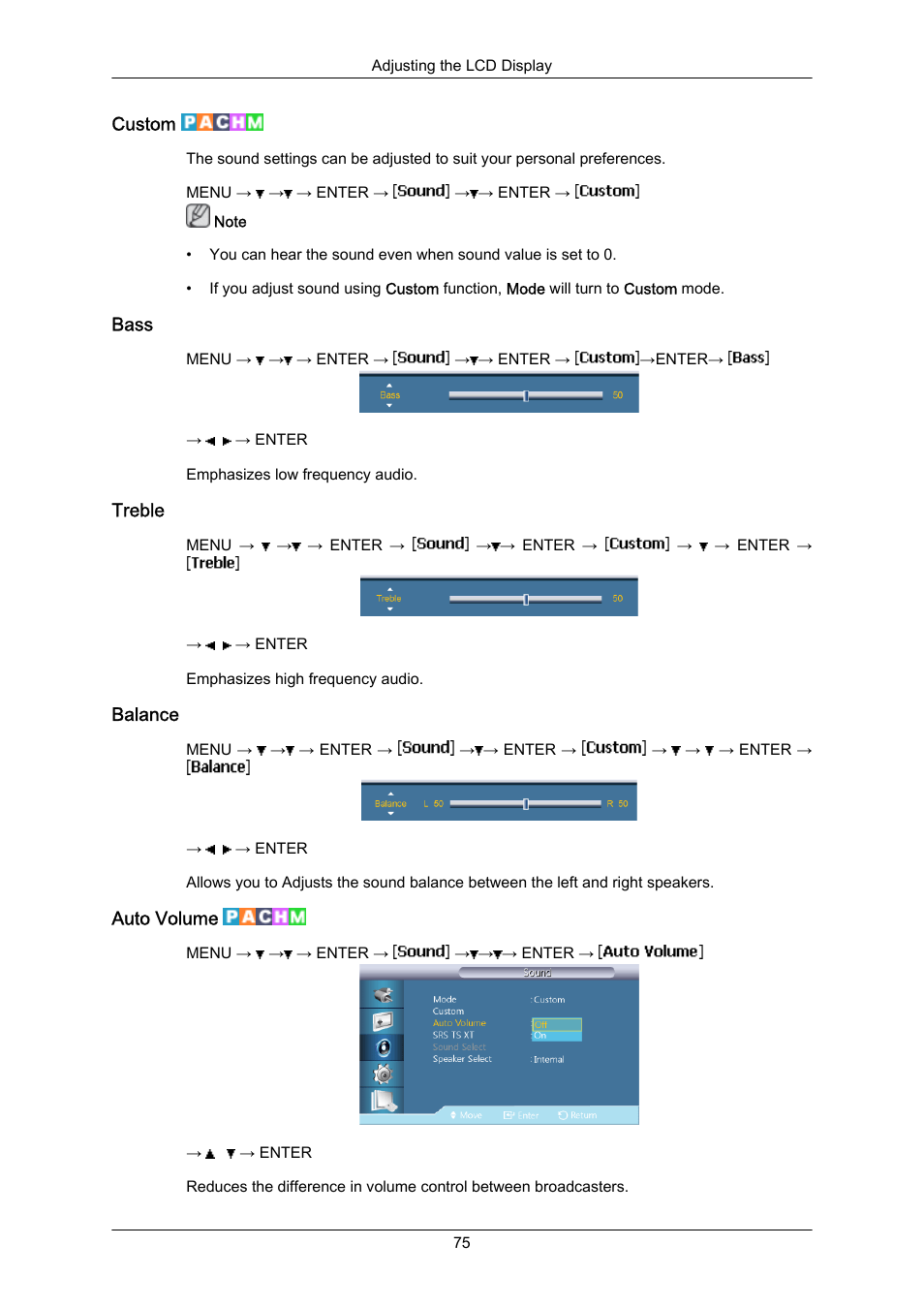 Custom, Bass, Treble | Balance, Auto volume | Samsung 400EX(N) User Manual | Page 118 / 159