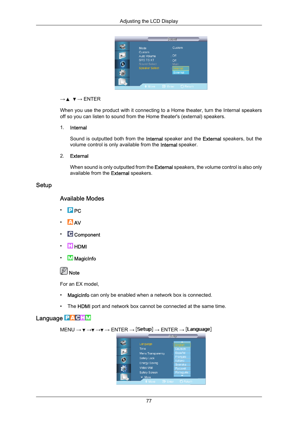 Setup, Language | Samsung 400EX(N) User Manual | Page 120 / 159