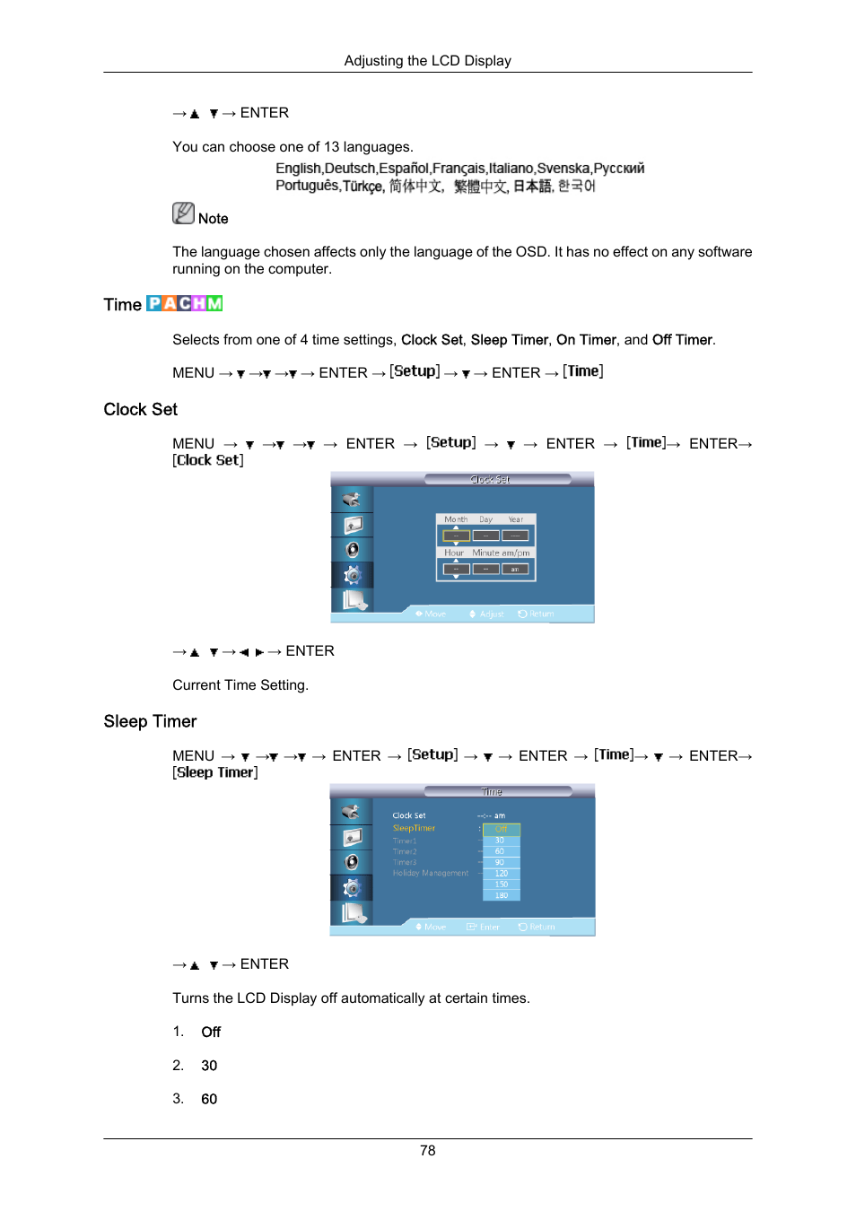 Time, Clock set, Sleep timer | Samsung 400EX(N) User Manual | Page 121 / 159