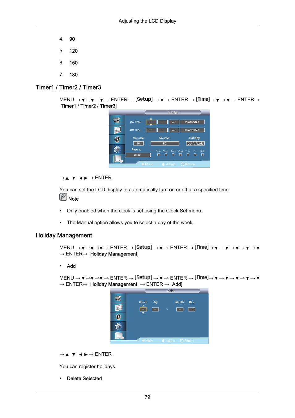 Timer1 / timer2 / timer3, Holiday management | Samsung 400EX(N) User Manual | Page 122 / 159