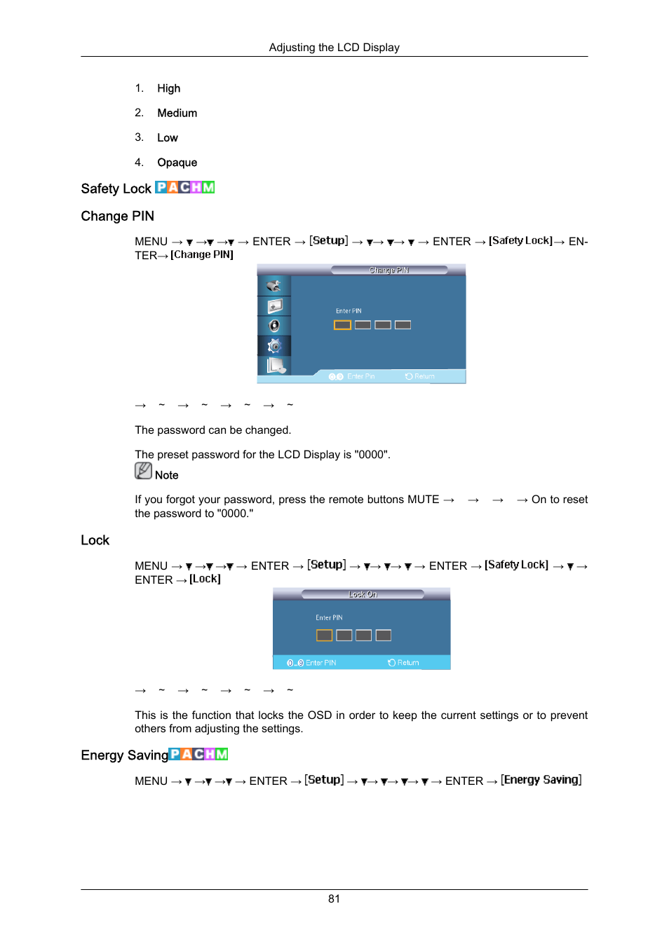 Safety lock, Change pin, Lock | Energy saving | Samsung 400EX(N) User Manual | Page 124 / 159