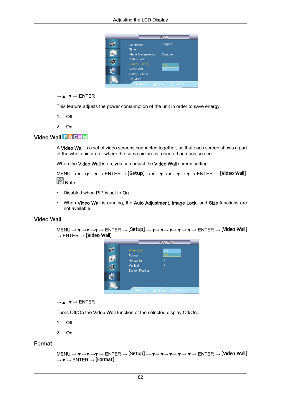 Video wall, Format | Samsung 400EX(N) User Manual | Page 125 / 159