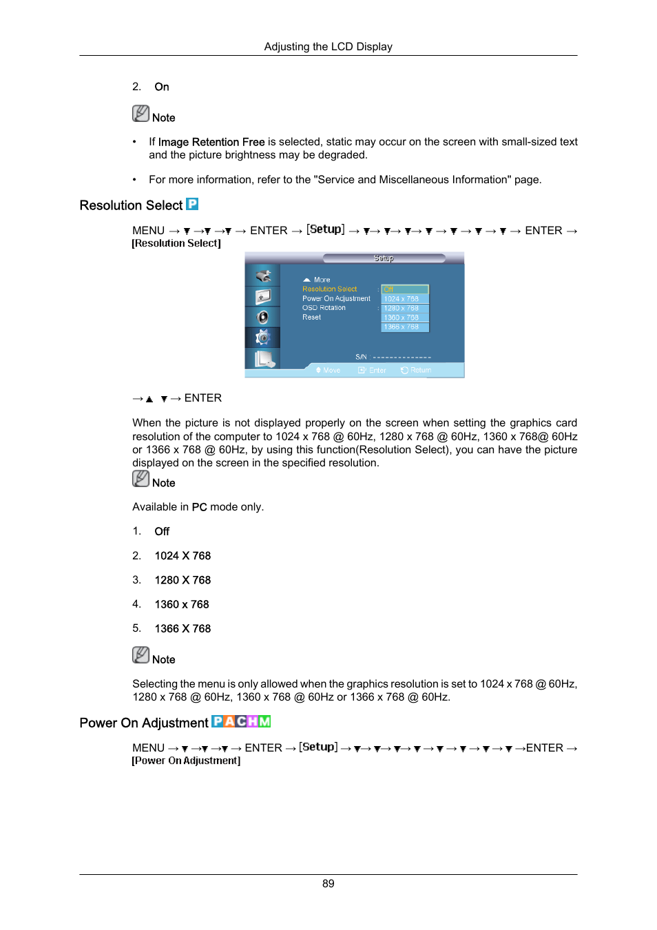Resolution select, Power on adjustment | Samsung 400EX(N) User Manual | Page 132 / 159