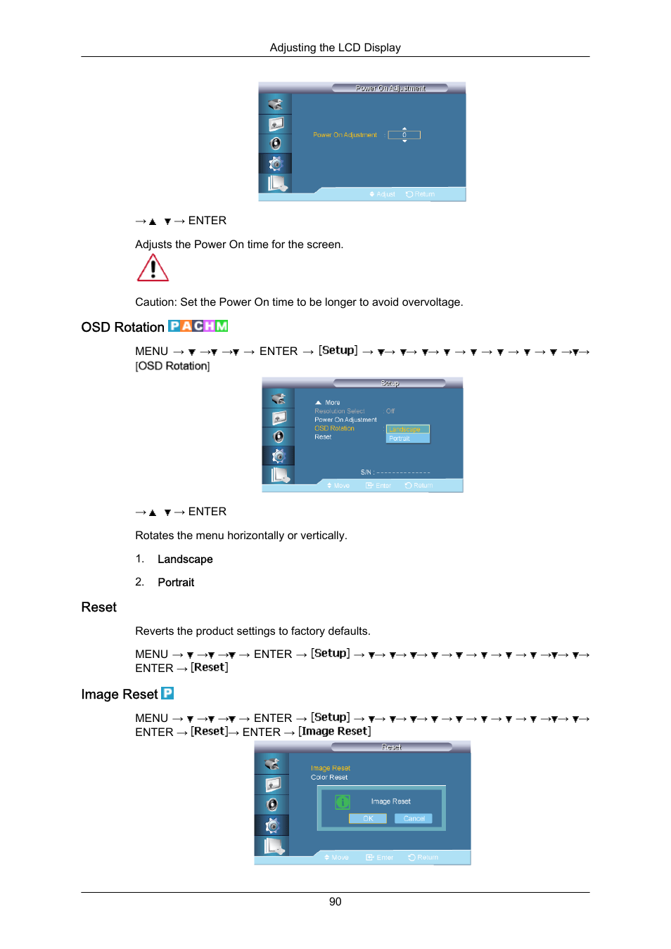 Osd rotation, Reset, Image reset | Samsung 400EX(N) User Manual | Page 133 / 159