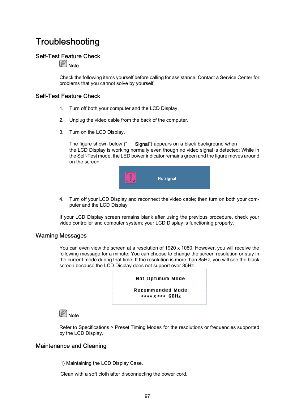 Troubleshooting, Self-test feature check, Warning messages | Maintenance and cleaning | Samsung 400EX(N) User Manual | Page 140 / 159