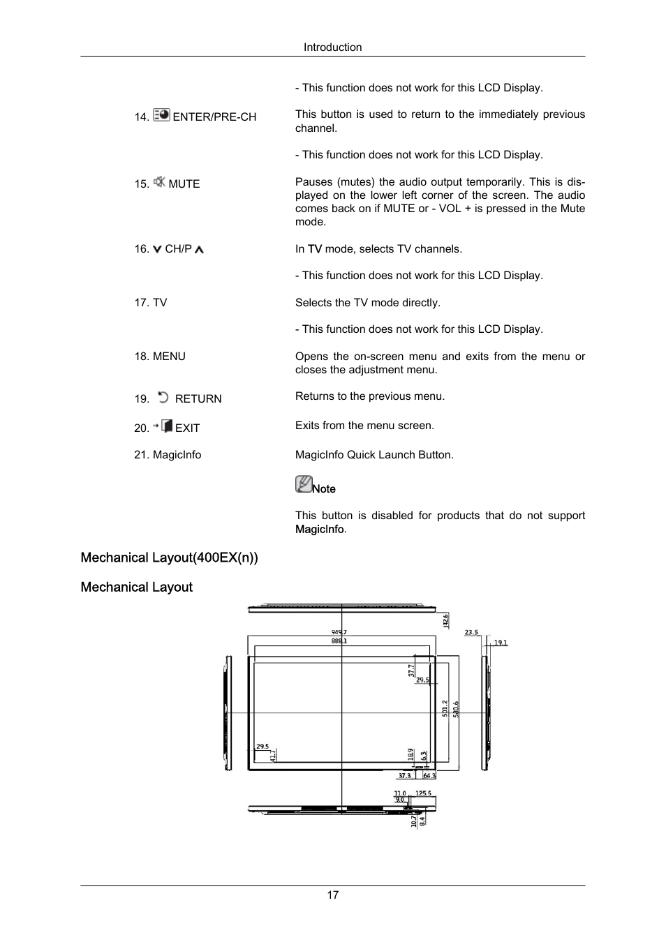 Mechanical layout(400ex(n)), Mechanical layout | Samsung 400EX(N) User Manual | Page 18 / 159