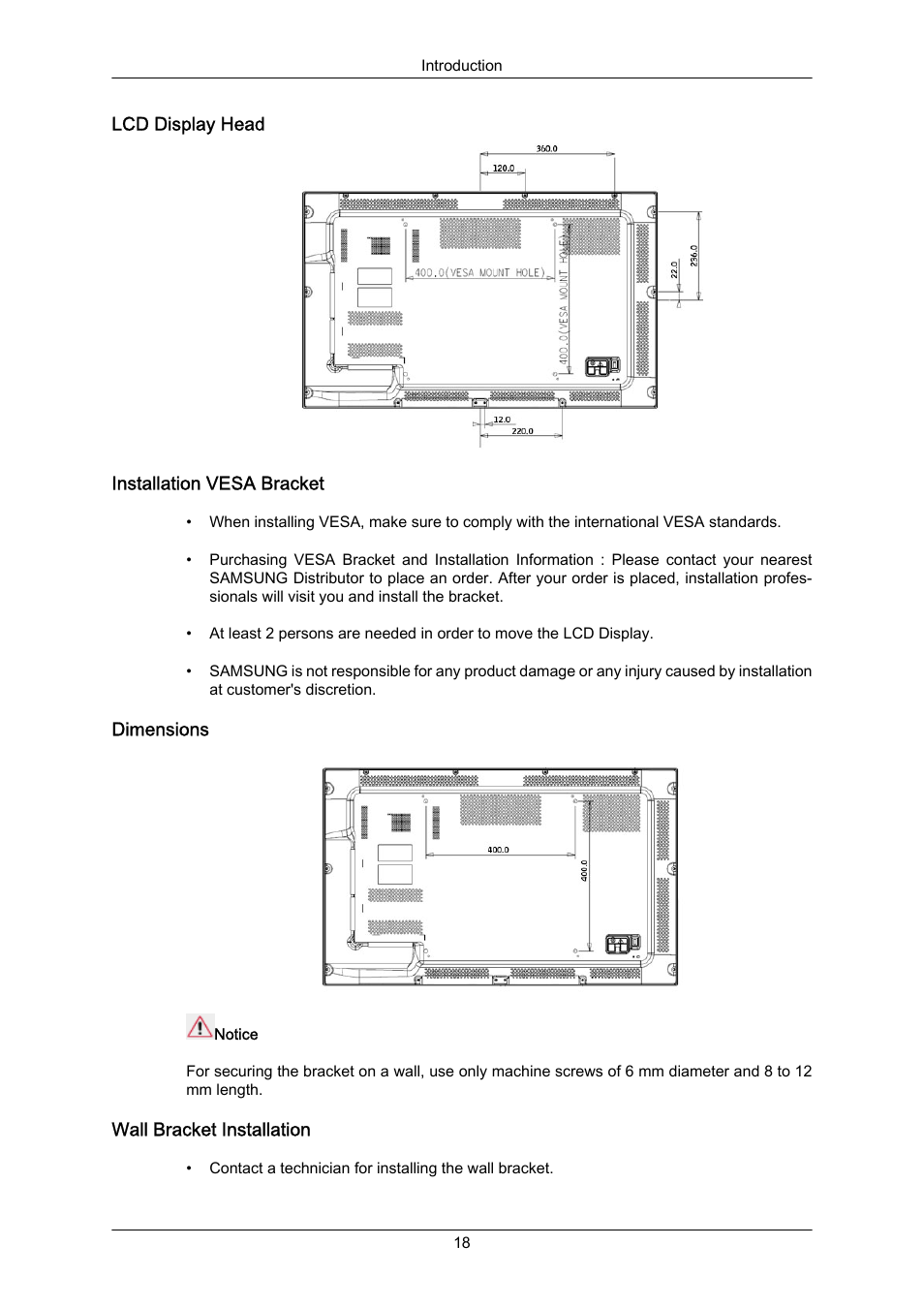 Lcd display head, Installation vesa bracket, Dimensions | Wall bracket installation | Samsung 400EX(N) User Manual | Page 19 / 159