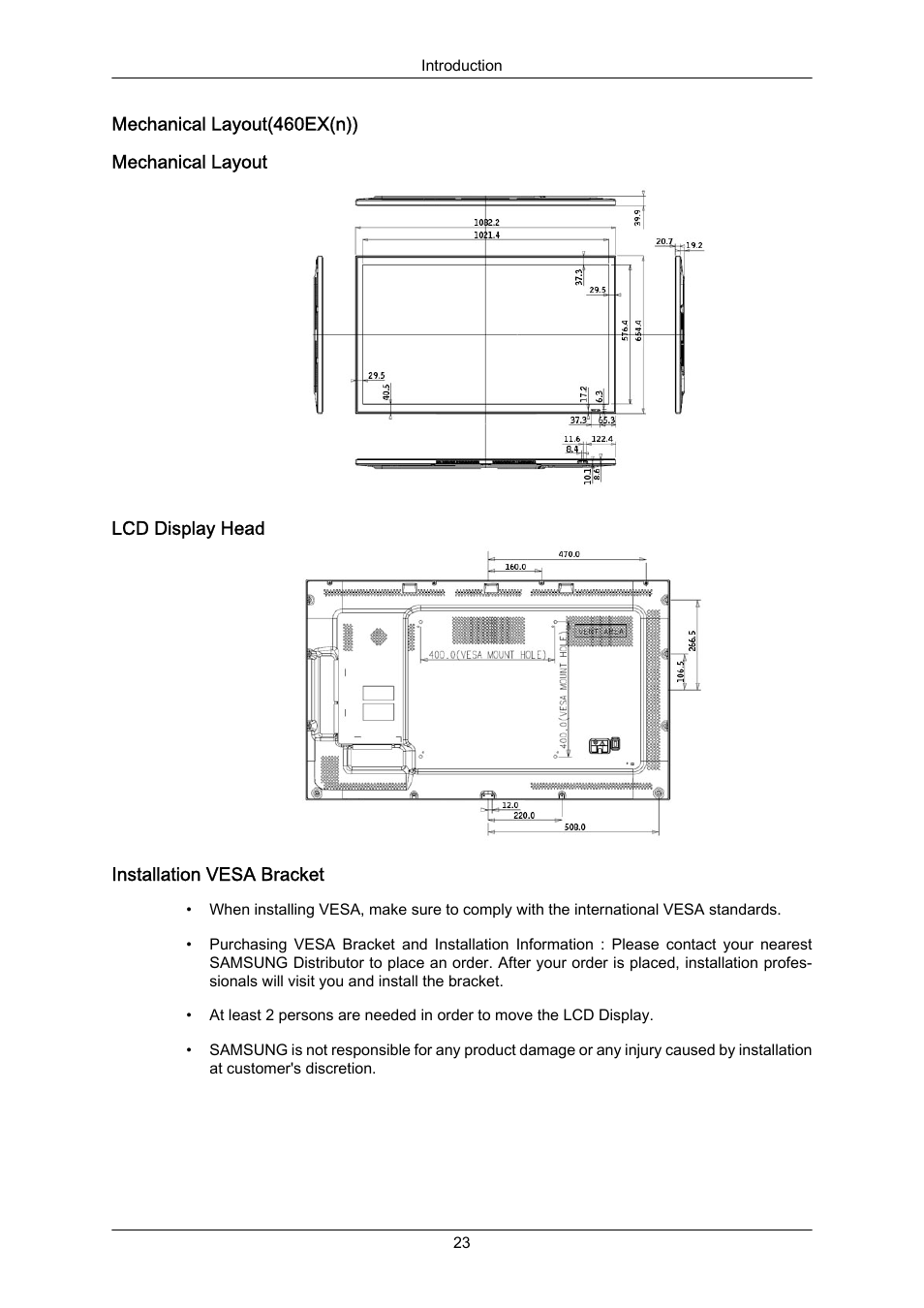 Mechanical layout(460ex(n)), Mechanical layout, Lcd display head | Installation vesa bracket | Samsung 400EX(N) User Manual | Page 24 / 159