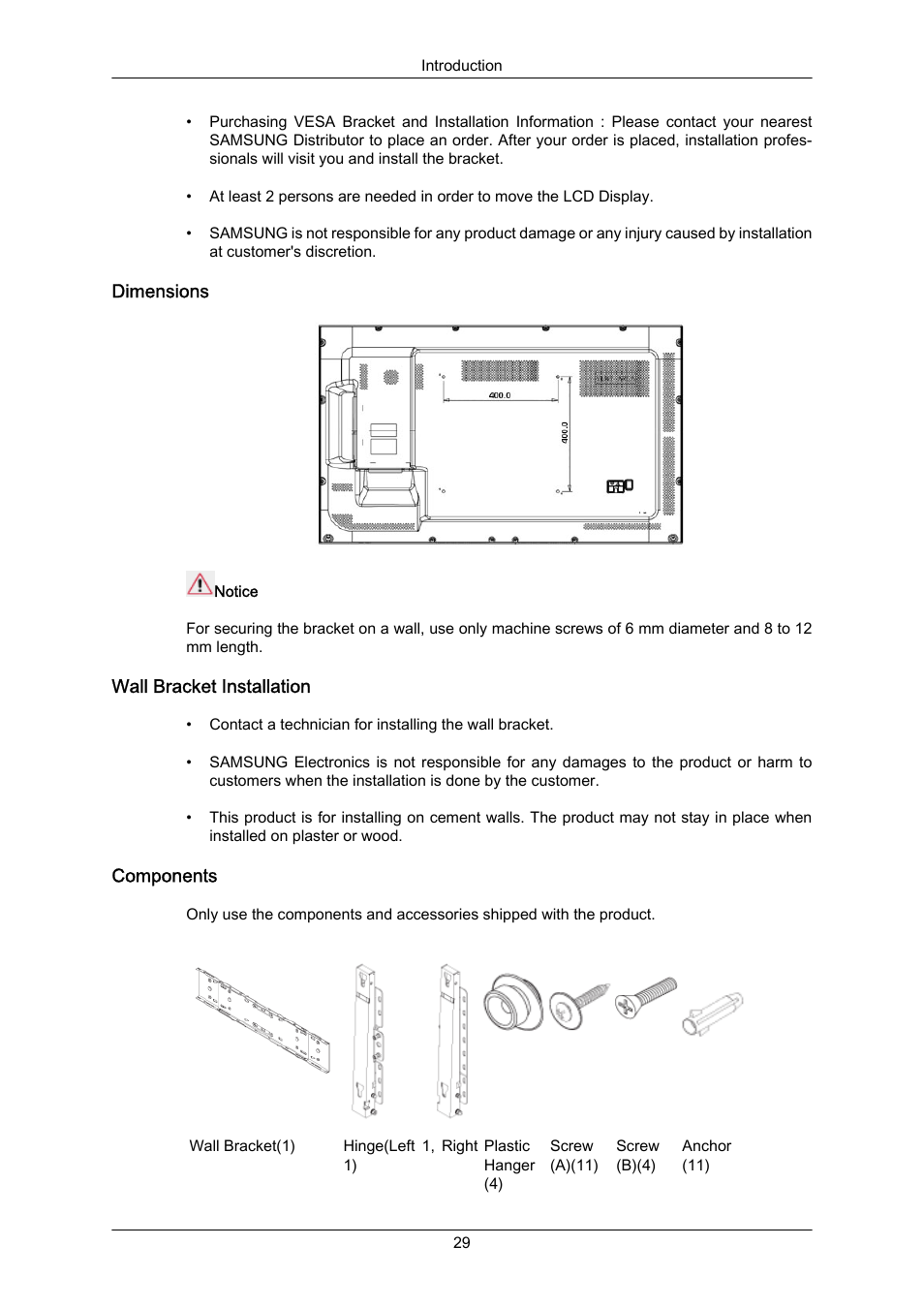 Dimensions, Wall bracket installation, Components | Samsung 400EX(N) User Manual | Page 30 / 159