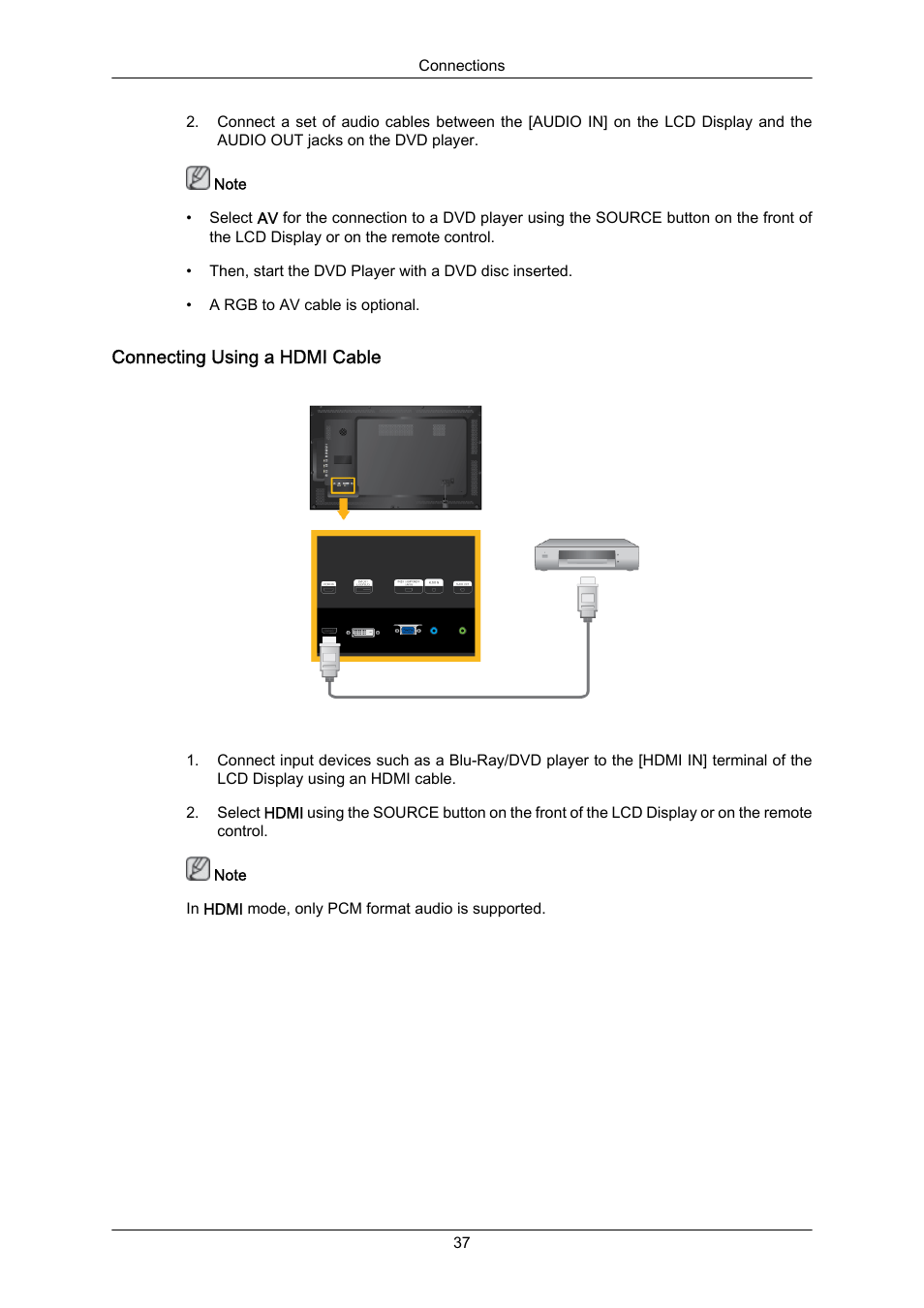 Connecting using a hdmi cable | Samsung 400EX(N) User Manual | Page 38 / 159