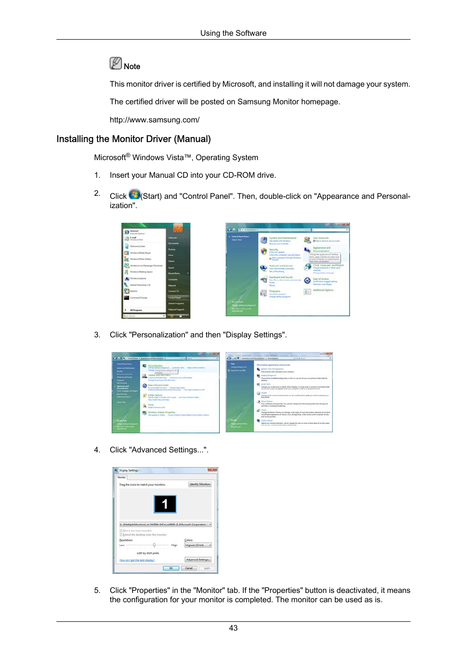 Installing the monitor driver (manual) | Samsung 400EX(N) User Manual | Page 44 / 159