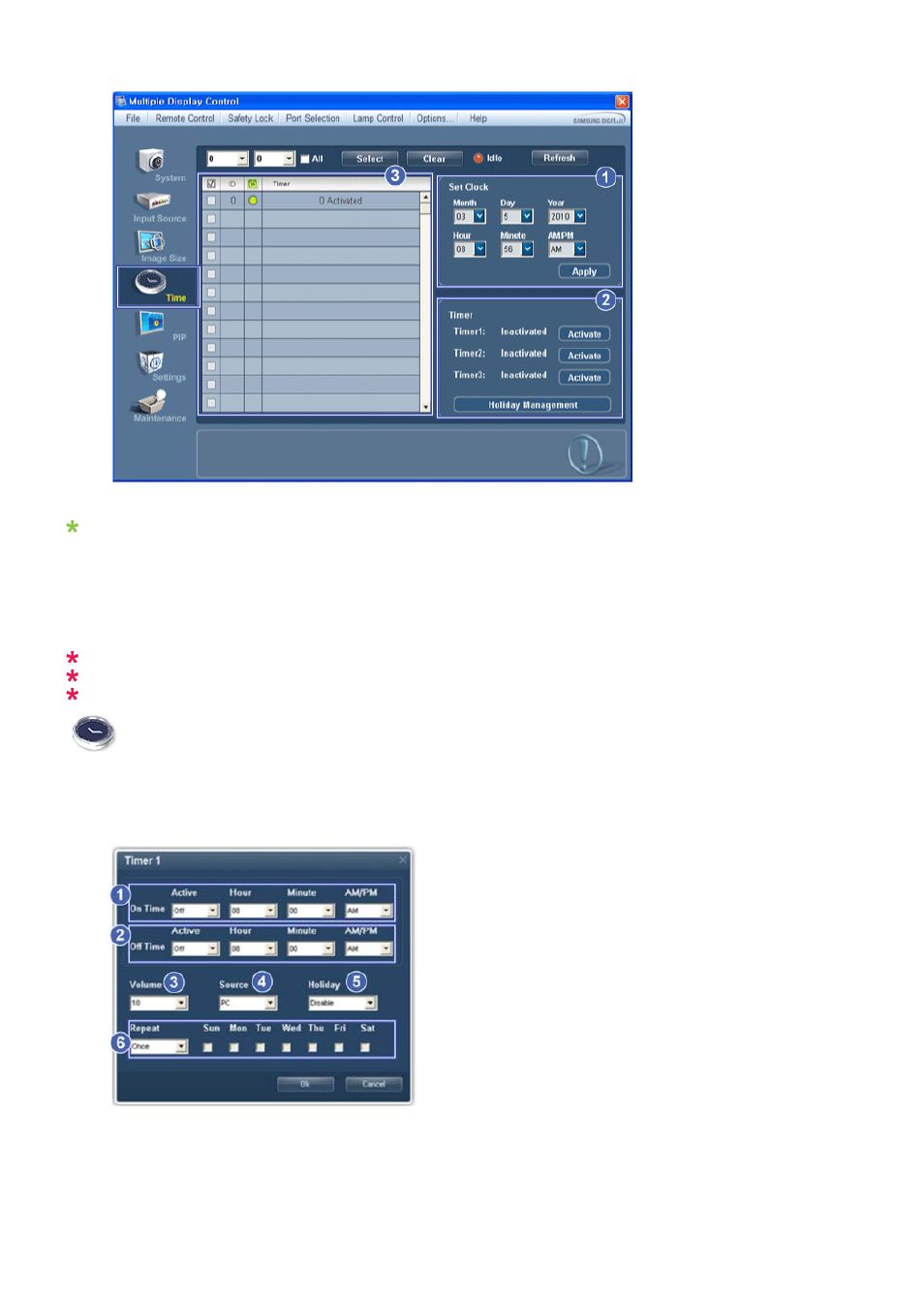 Time, Setting up timer and holiday management | Samsung 400EX(N) User Manual | Page 61 / 159