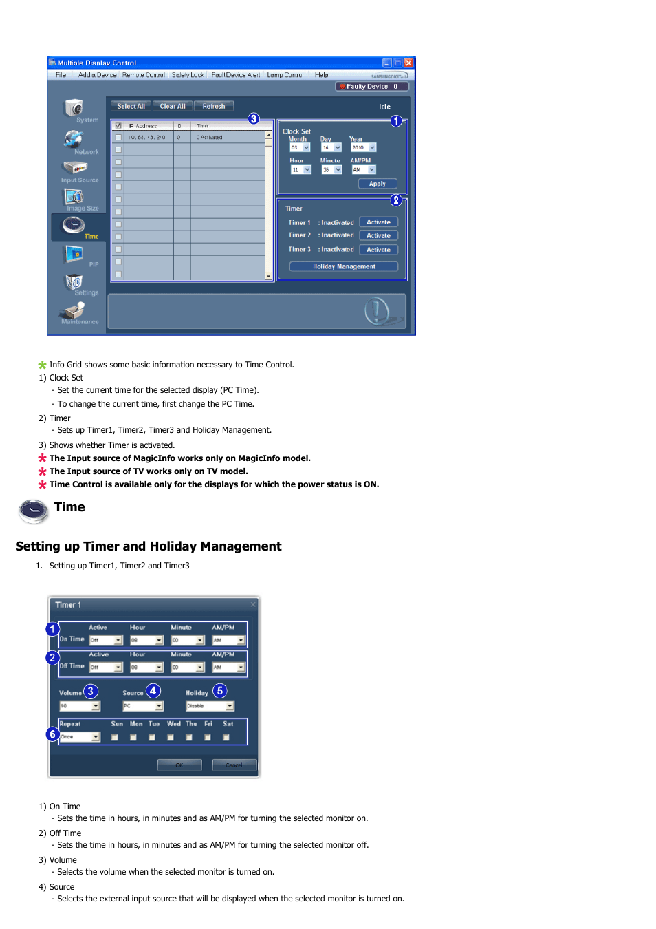 Time, Setting up timer and holiday management | Samsung 400EX(N) User Manual | Page 82 / 159