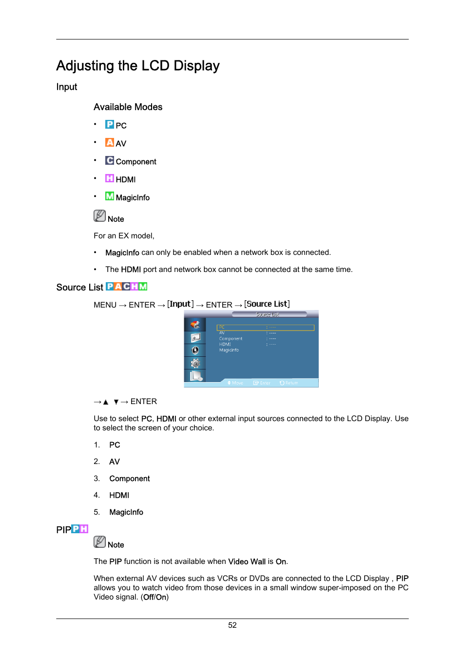 Adjusting the lcd display, Input, Source list | Samsung 400EX(N) User Manual | Page 95 / 159