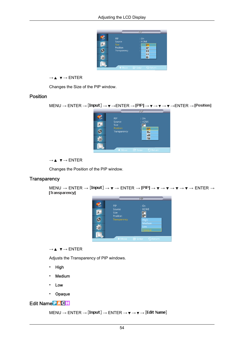 Position, Transparency, Edit name | Samsung 400EX(N) User Manual | Page 97 / 159