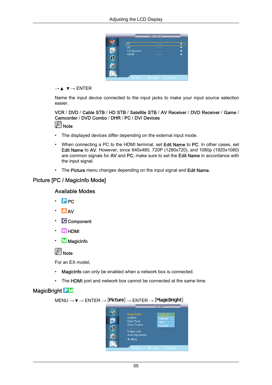 Picture [pc / magicinfo mode, Magicbright | Samsung 400EX(N) User Manual | Page 98 / 159