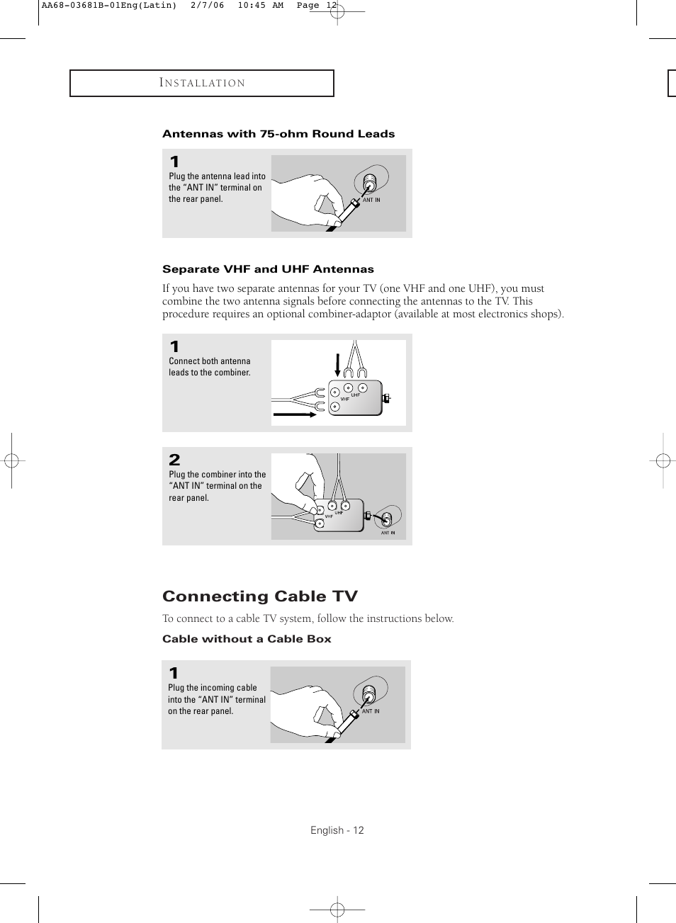 Antennas with 75-ohm round leads, Separate vhf and uhf antennas, Connecting cable tv | Cable without a cable box | Samsung CL-29M30HS User Manual | Page 12 / 60