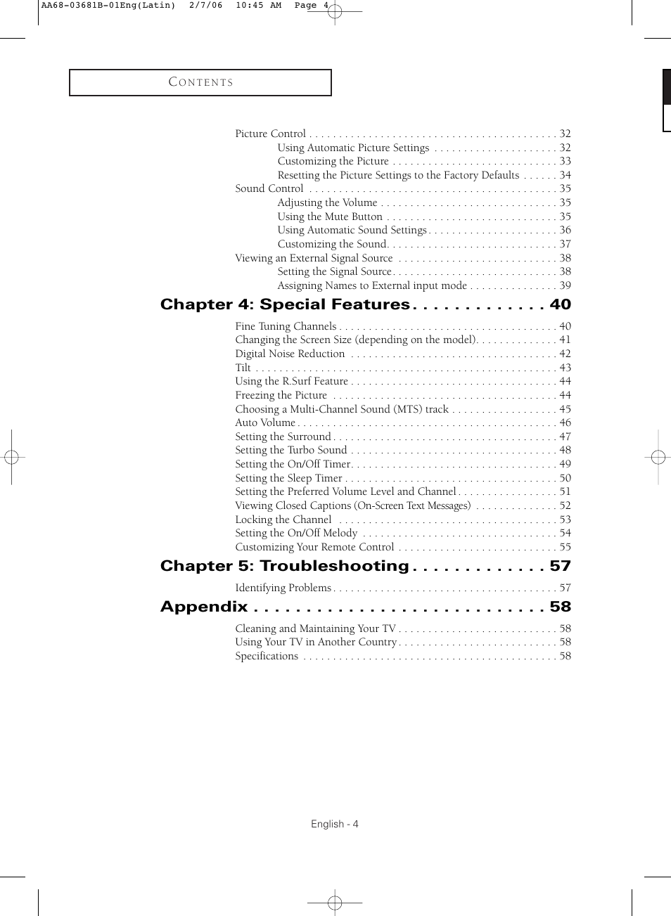 Chapter 4: special features, Chapter 5: troubleshooting, Appendix | Samsung CL-29M30HS User Manual | Page 4 / 60