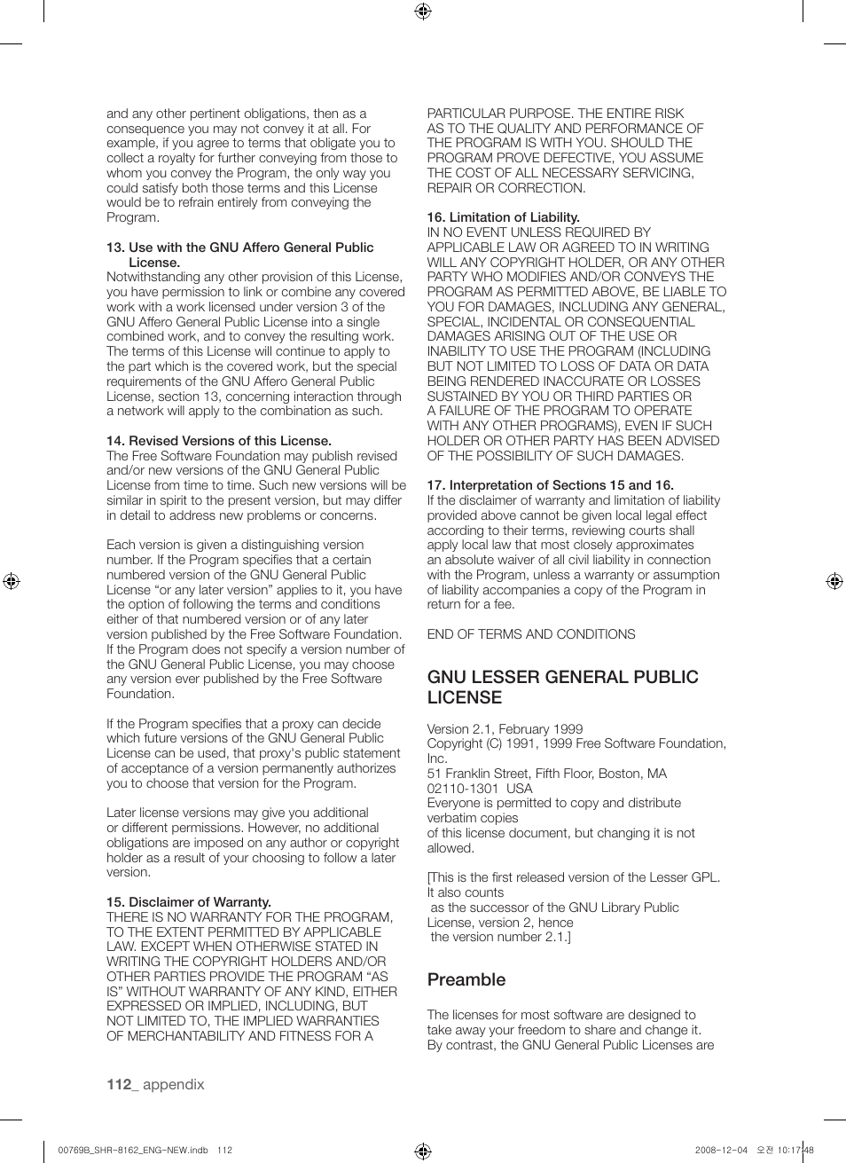 Gnu lesser general public license, Preamble | Samsung SHR-8160 User Manual | Page 112 / 120