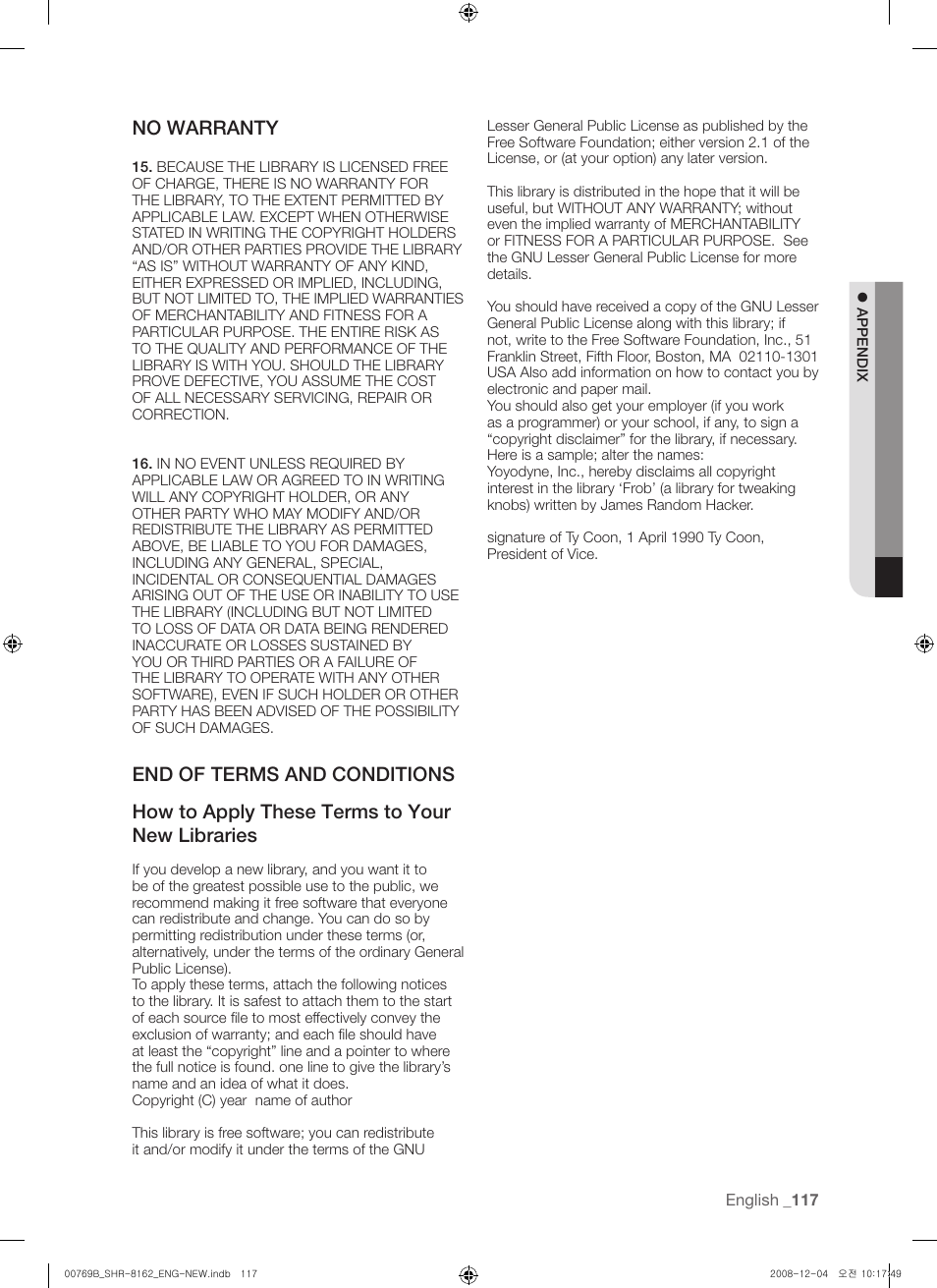No warranty | Samsung SHR-8160 User Manual | Page 117 / 120