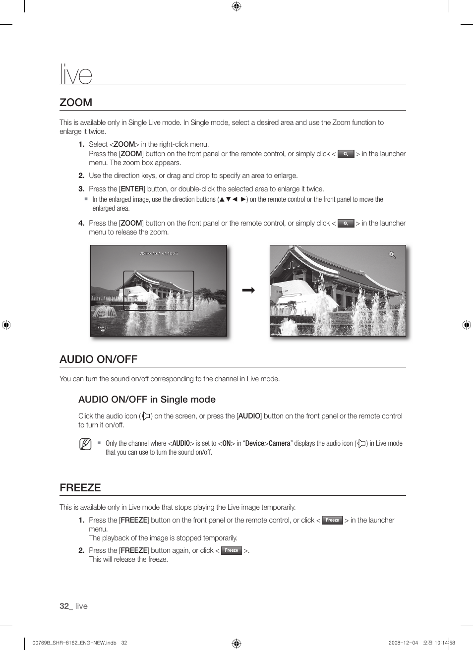 Live, Zoom, Audio on/off | Freeze | Samsung SHR-8160 User Manual | Page 32 / 120