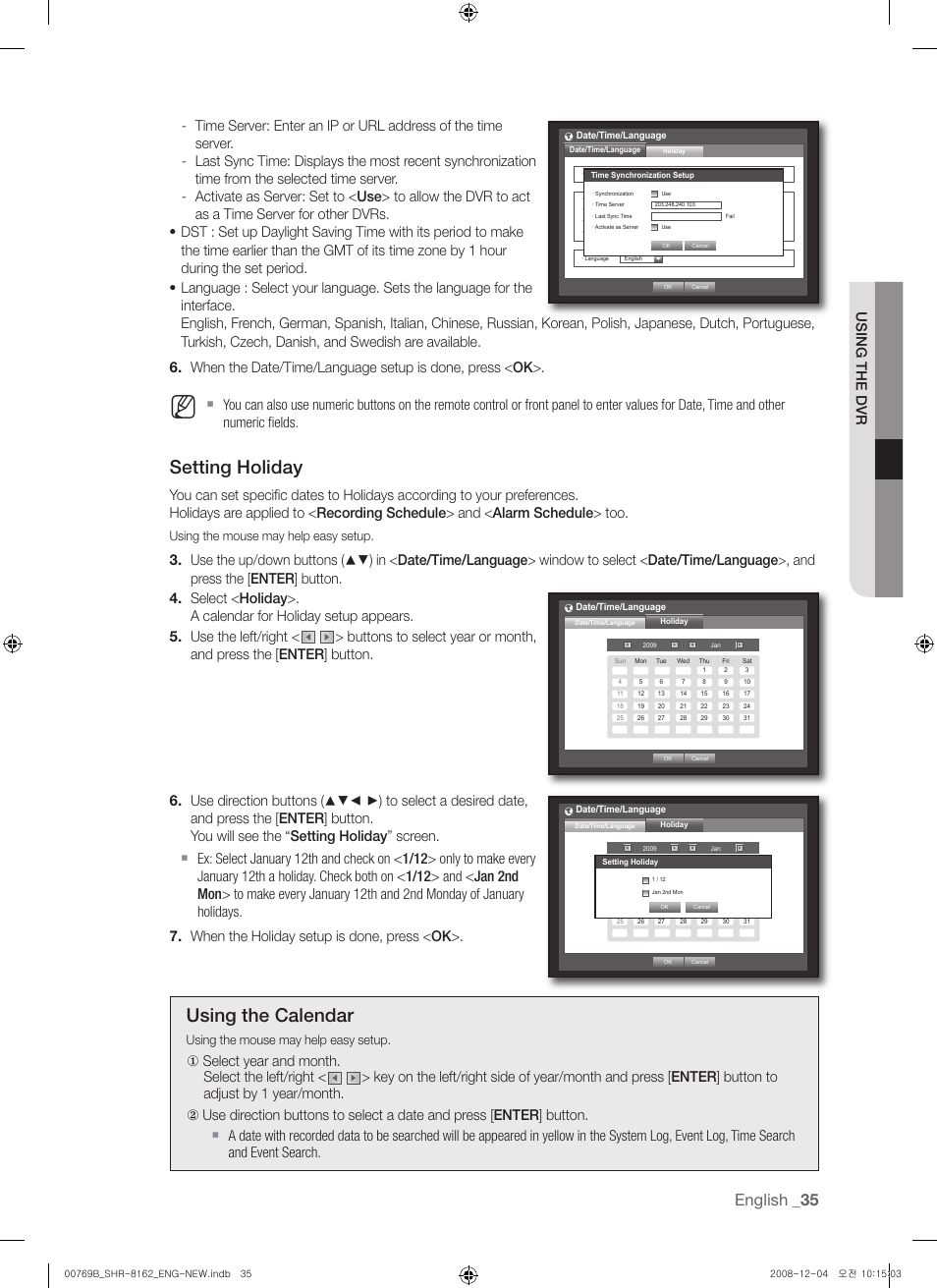 Setting holiday, Using the calendar, English | Using the mouse may help easy setup | Samsung SHR-8160 User Manual | Page 35 / 120
