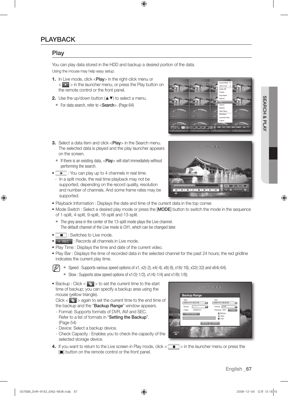 Playback, Play, English | Search & pla y | Samsung SHR-8160 User Manual | Page 67 / 120