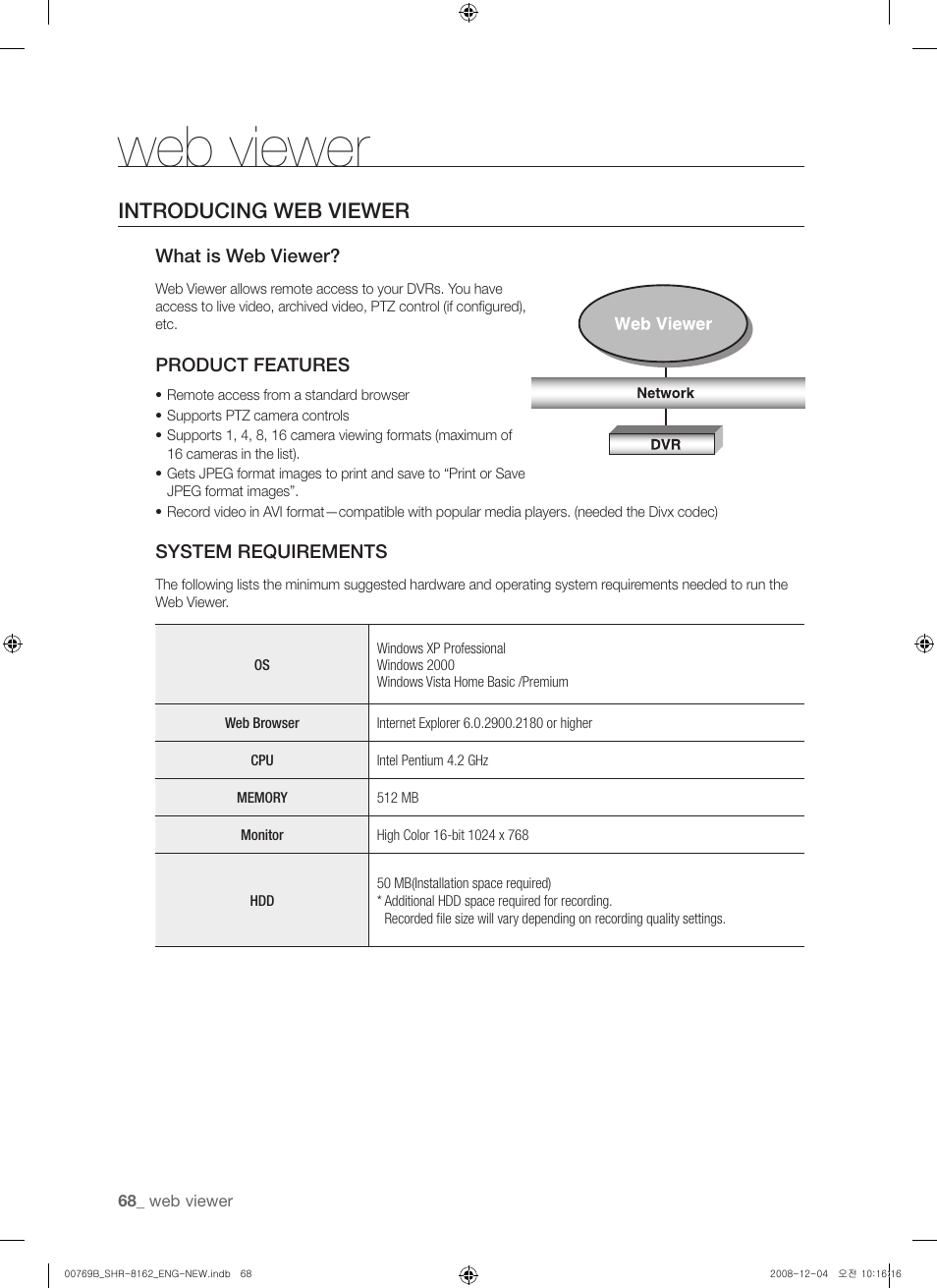 Web viewer, Introducing web viewer | Samsung SHR-8160 User Manual | Page 68 / 120