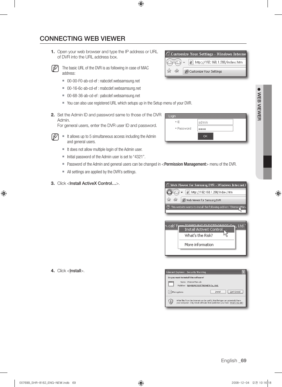 Connecting web viewer | Samsung SHR-8160 User Manual | Page 69 / 120