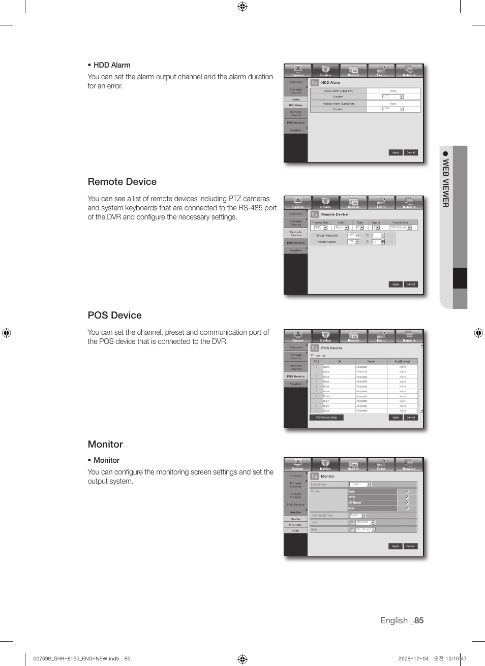 Remote device, Pos device, Monitor | Samsung SHR-8160 User Manual | Page 85 / 120