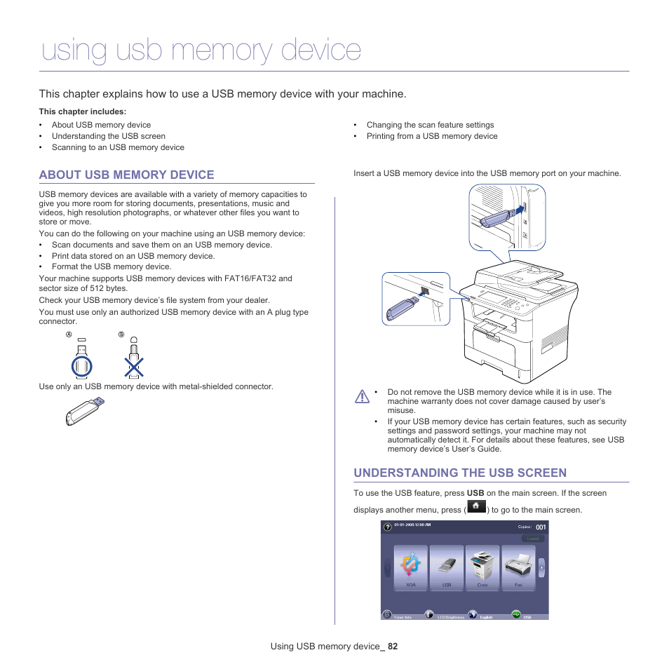 Using usb memory device, About usb memory device, Understanding the usb screen | Samsung SCX-5835NX User Manual | Page 82 / 133