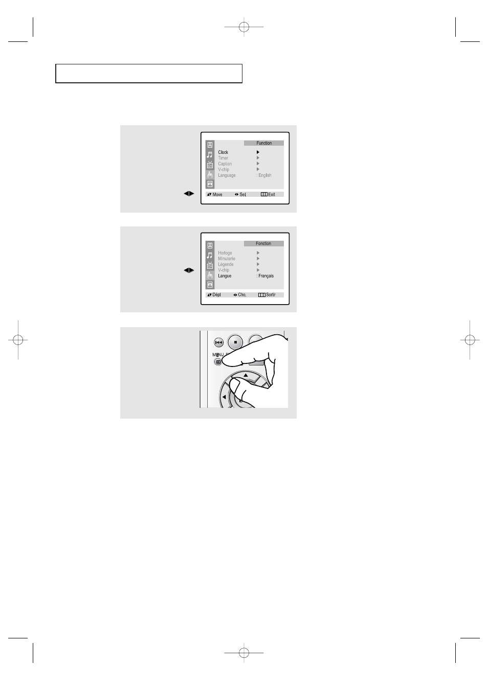 Selecting a menu language, T v o | Samsung CFTD2085 User Manual | Page 19 / 98