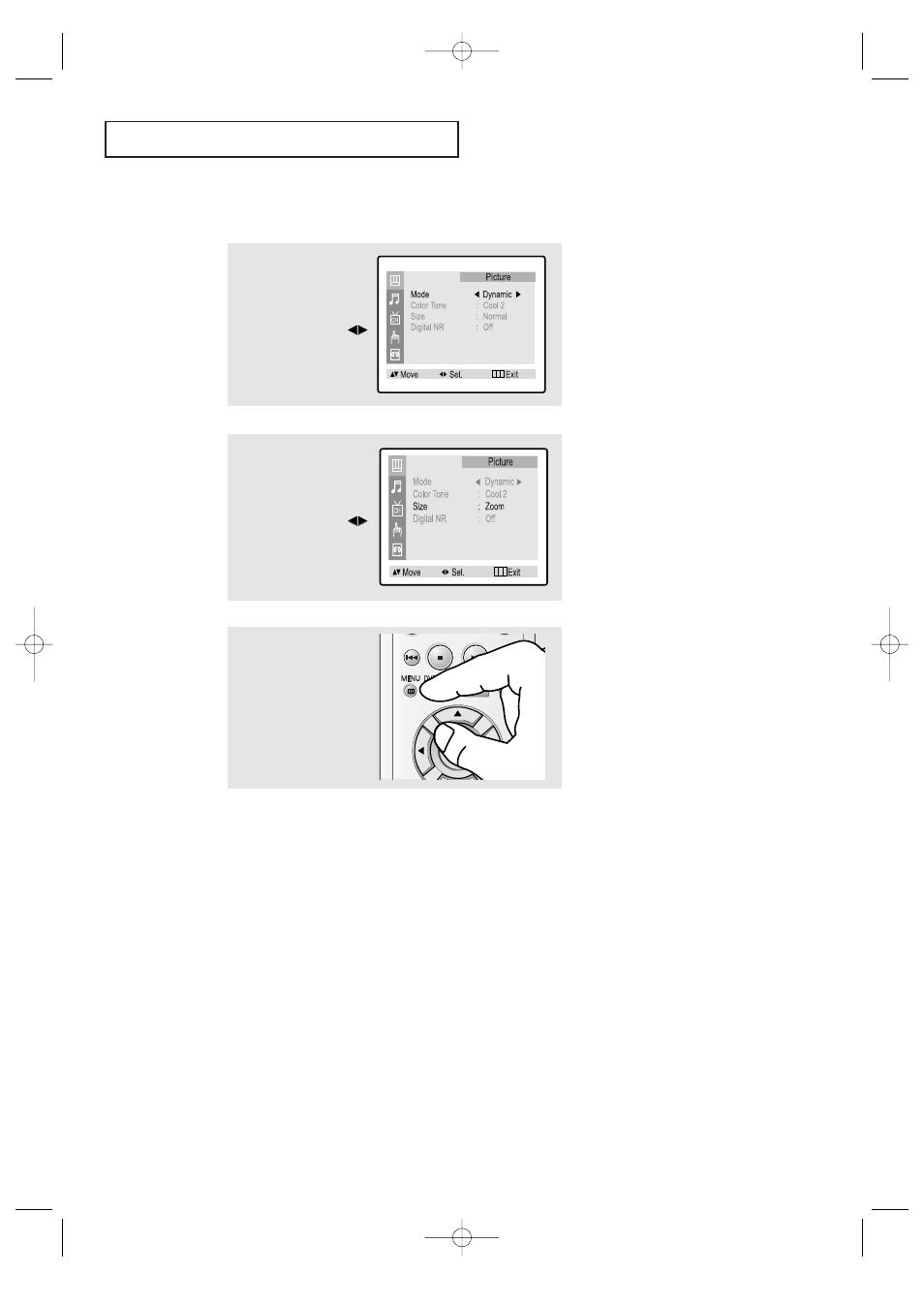 Changing the screen size, T v o | Samsung CFTD2085 User Manual | Page 28 / 98