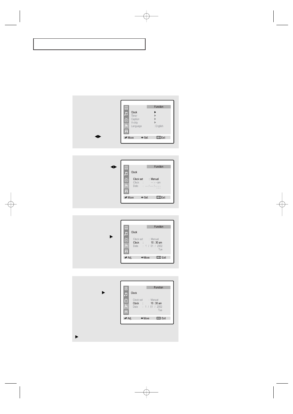 Setting the clock, T v o | Samsung CFTD2085 User Manual | Page 36 / 98