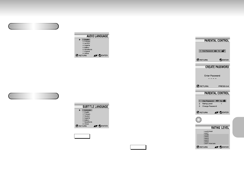 Setting up the language features, Setting up the parental control | Samsung AK68-00102A User Manual | Page 19 / 21
