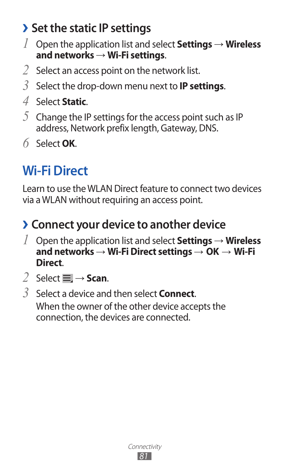 Wi-fi direct, Set the static ip settings, Connect your device to another device | Samsung GT-P7300 User Manual | Page 81 / 133