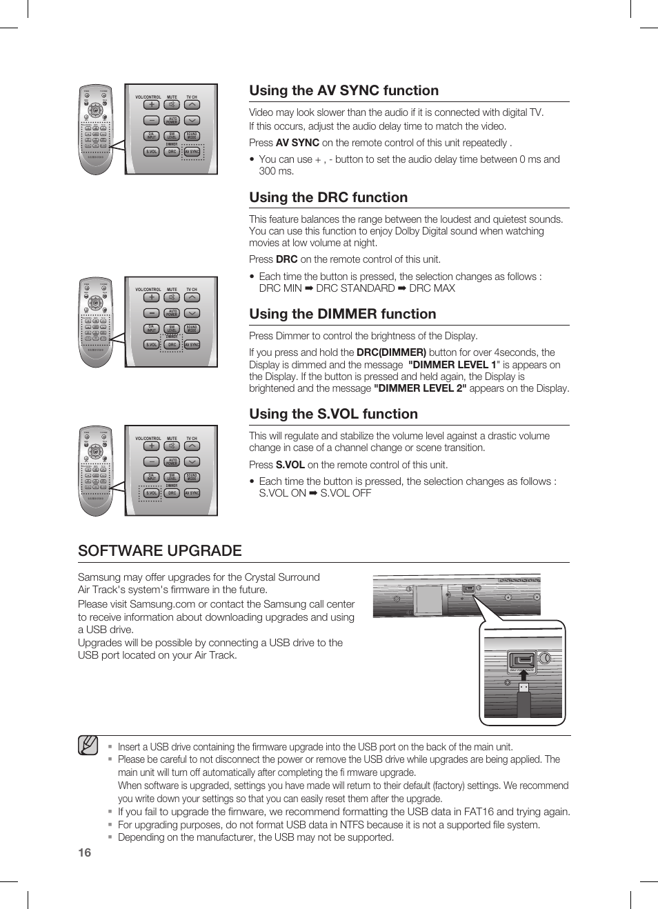 Using the av sync function, Using the drc function, Using the dimmer function | Using the s.vol function, Software upgrade, Troubleshooting, Only for update | Samsung HW-C450 User Manual | Page 16 / 21