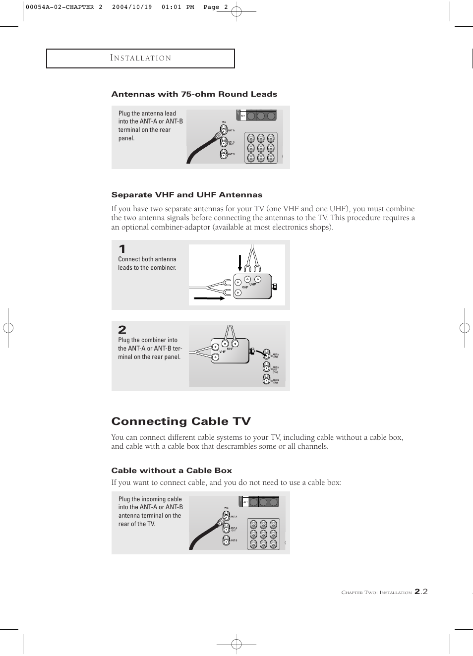 Antennas with 75-ohm round leads, Separate vhf and uhf antennas, Connecting cable tv | Cable without a cable box | Samsung HCN553W User Manual | Page 15 / 71