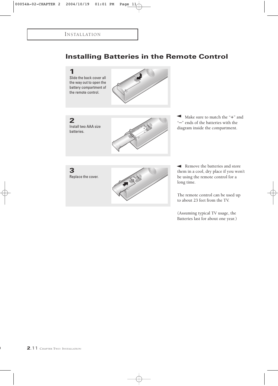 Installing batteries in the remote control | Samsung HCN553W User Manual | Page 24 / 71