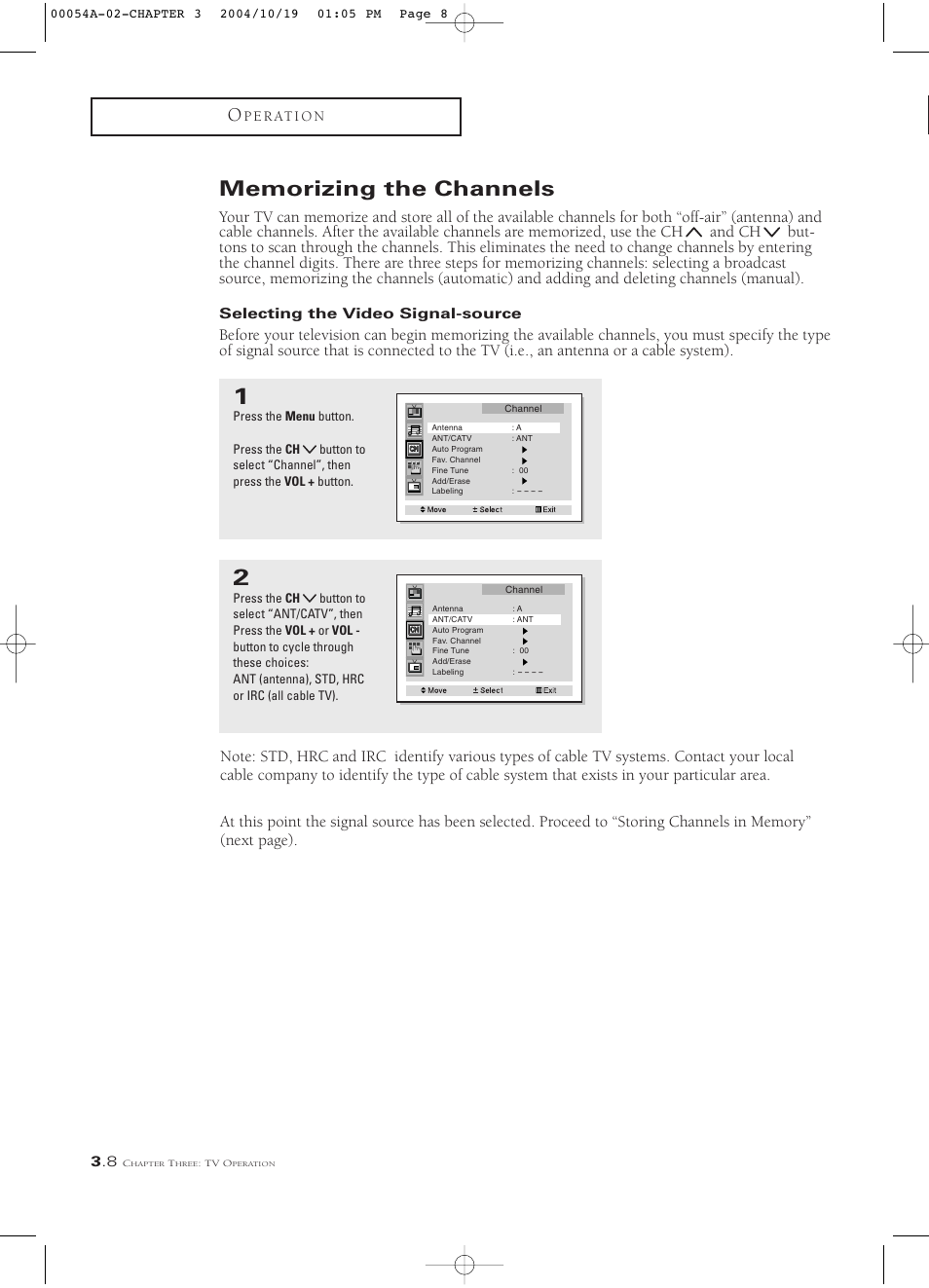 Memorizing the channels, Selecting the video signal-source | Samsung HCN553W User Manual | Page 32 / 71