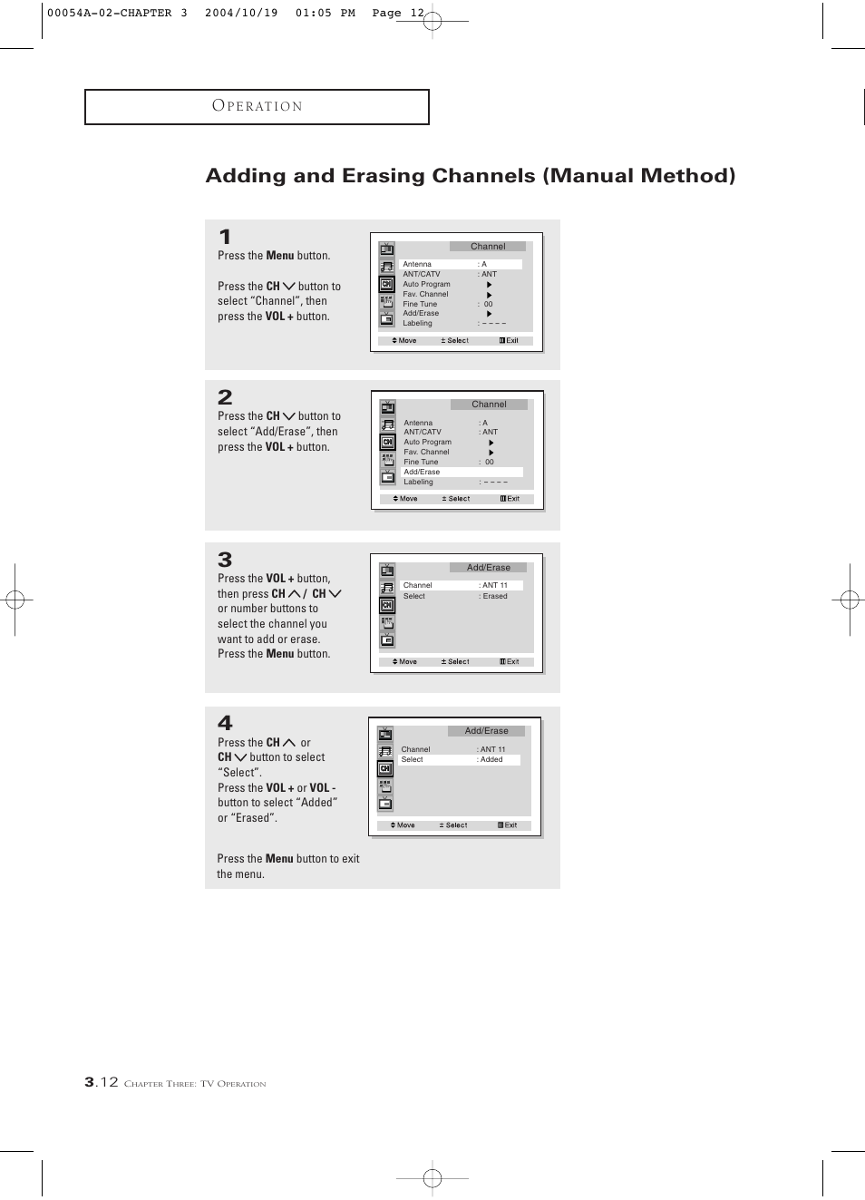 Adding and erasing channels (manual method), P e r at i o n | Samsung HCN553W User Manual | Page 36 / 71