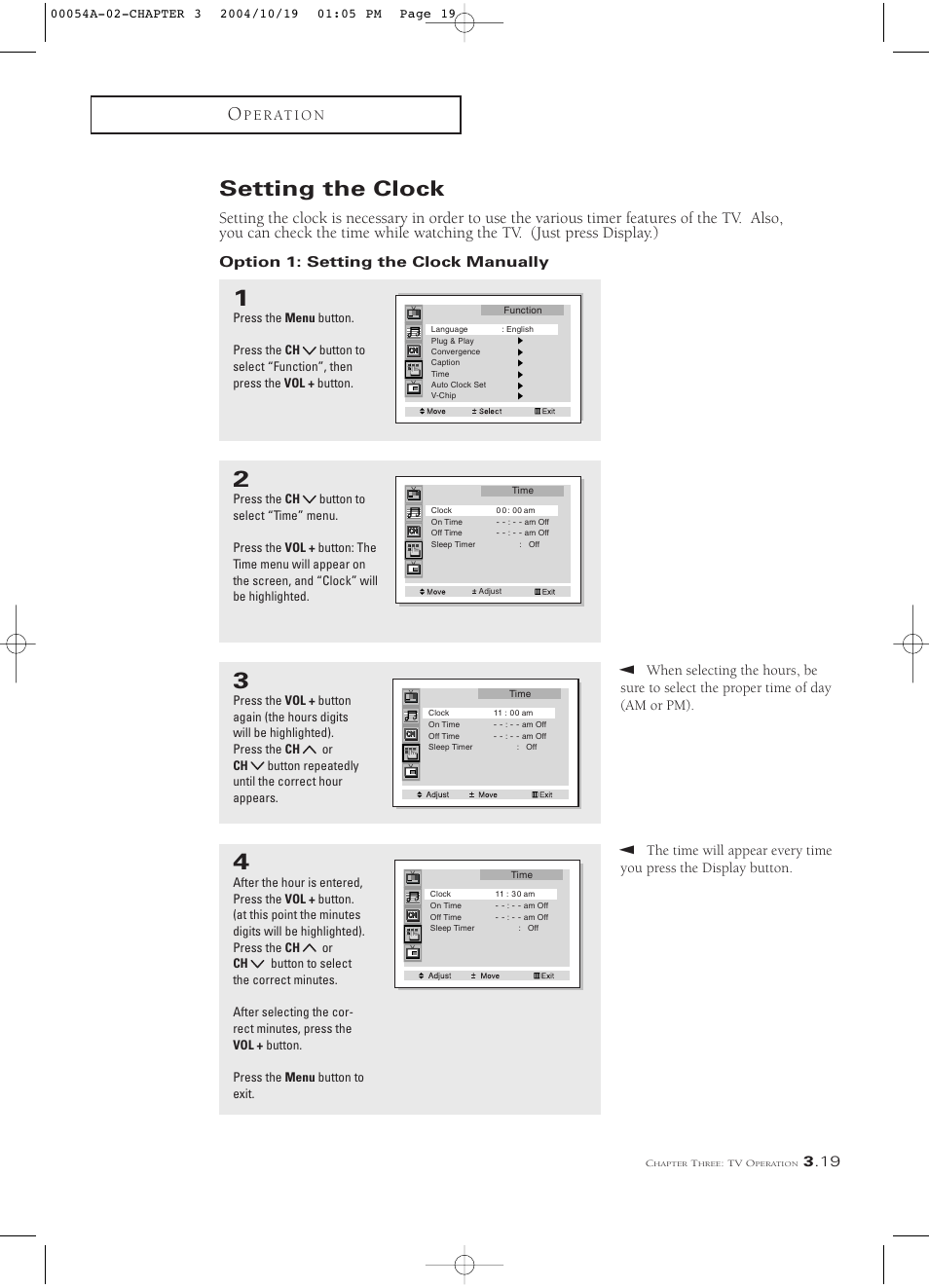 Setting the clock, Option 1: setting the clock manually | Samsung HCN553W User Manual | Page 43 / 71