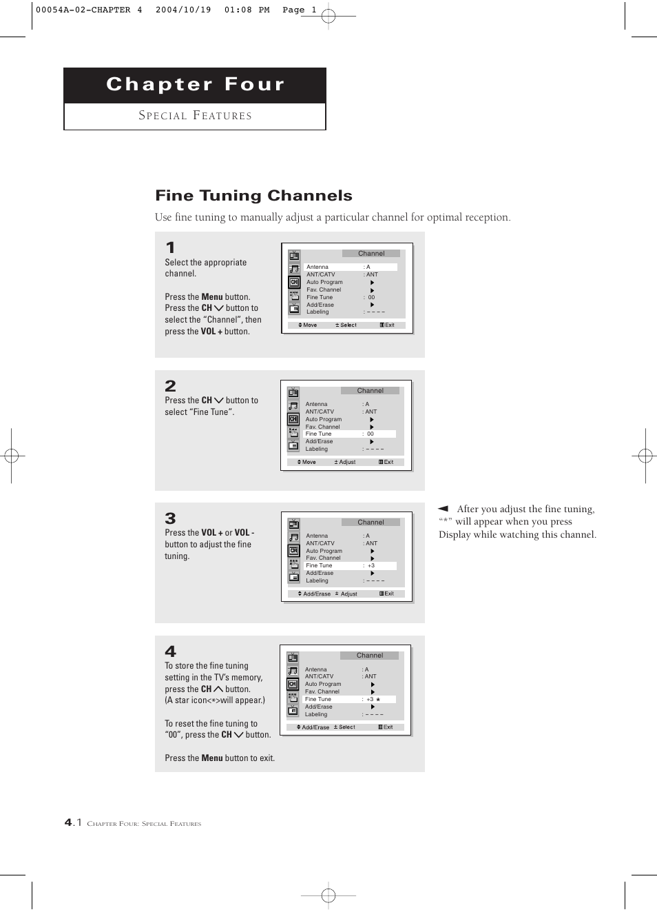 Chapter 4: special features, Fine tuning channels | Samsung HCN553W User Manual | Page 46 / 71