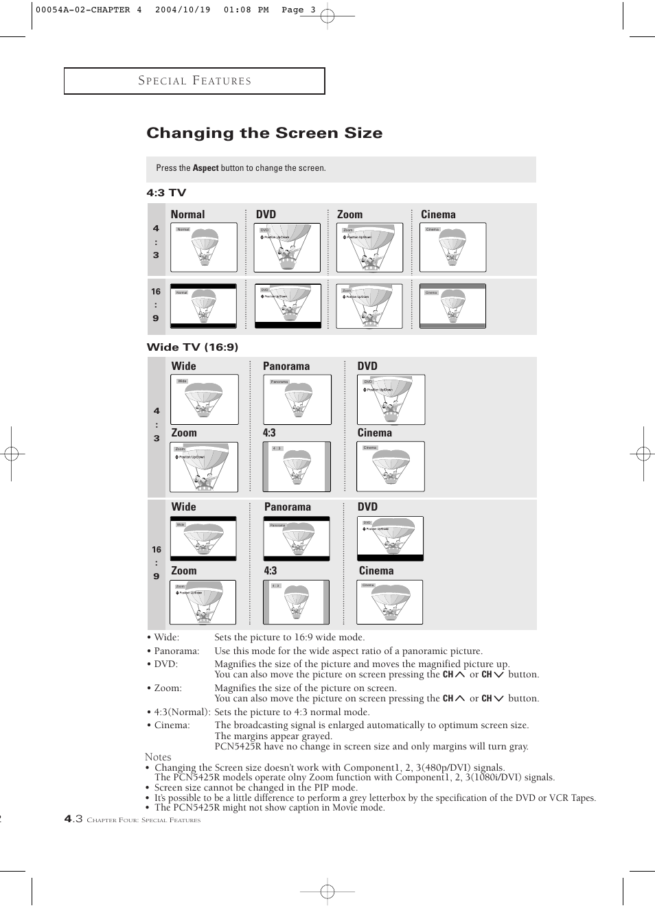 Changing the screen size, Dvd zoom normal cinema, Wide panorama dvd zoom 4:3 cinema | Samsung HCN553W User Manual | Page 48 / 71